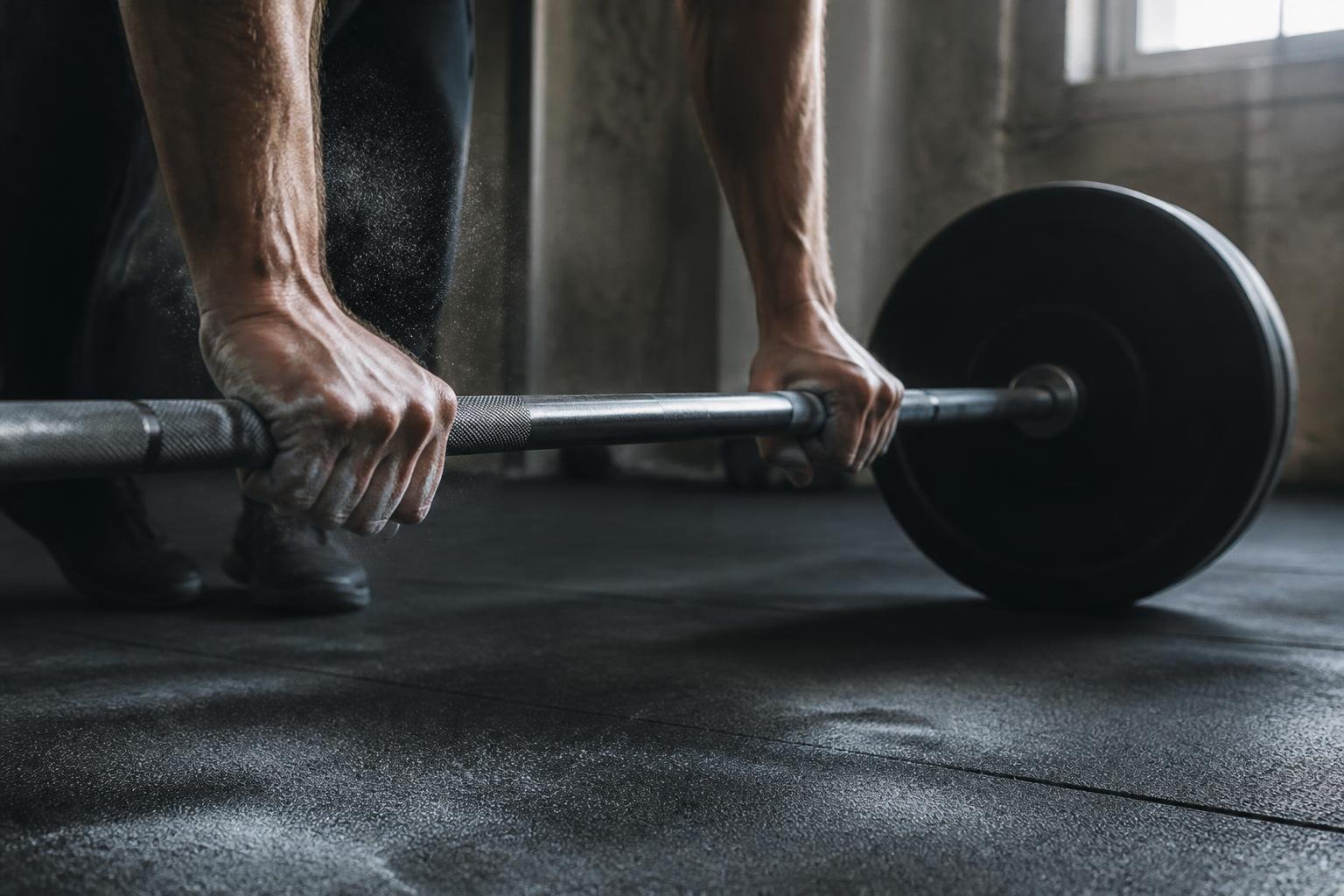 Chalked hands on a barbell