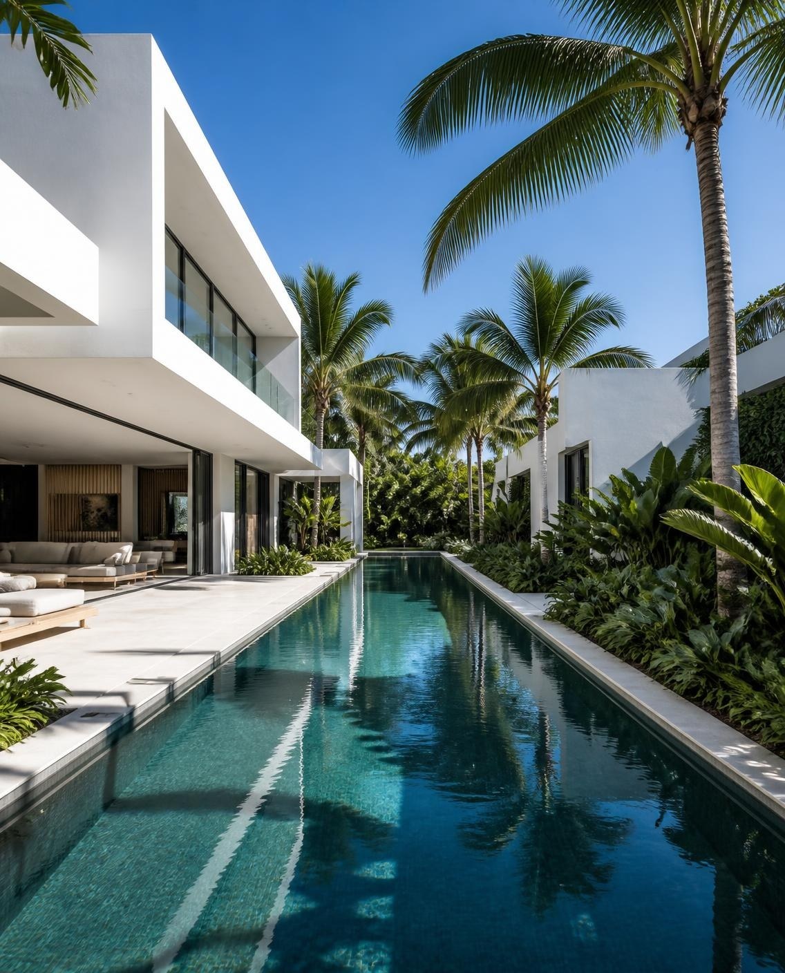 Lap pool between white modern wings and palm trees