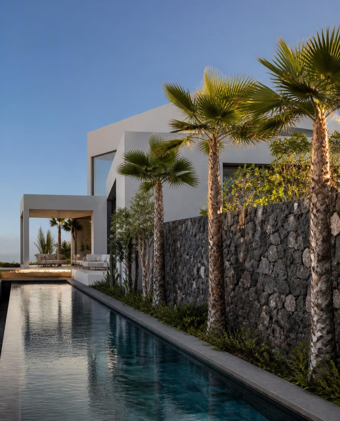 White modern home with a lap pool and palm trees at dusk
