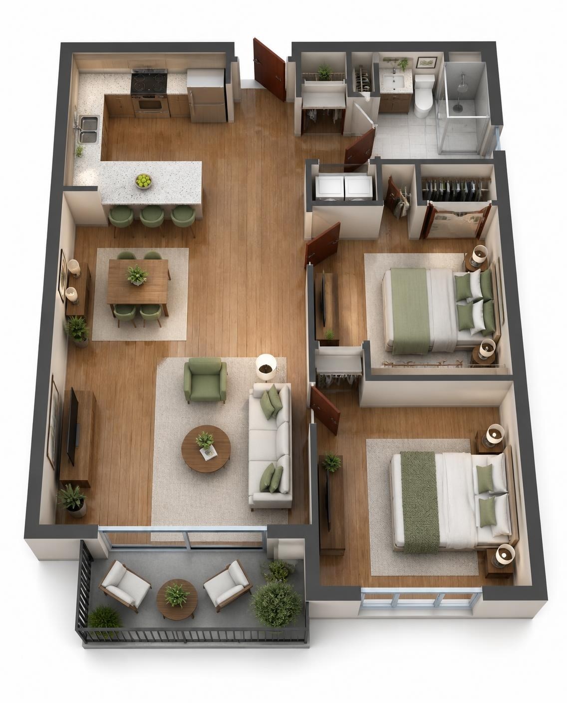 3D floor plan of a two-bedroom home